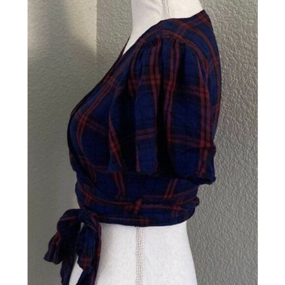 Forever 21 Womens Red & Blue Plaid Wrap Side Tie Crop Tops Size Large - Picture 5 of 9